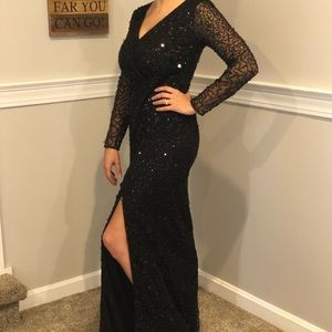 Adrianna Papell Sequin Wrap Gown w/ Sheer Sleeves